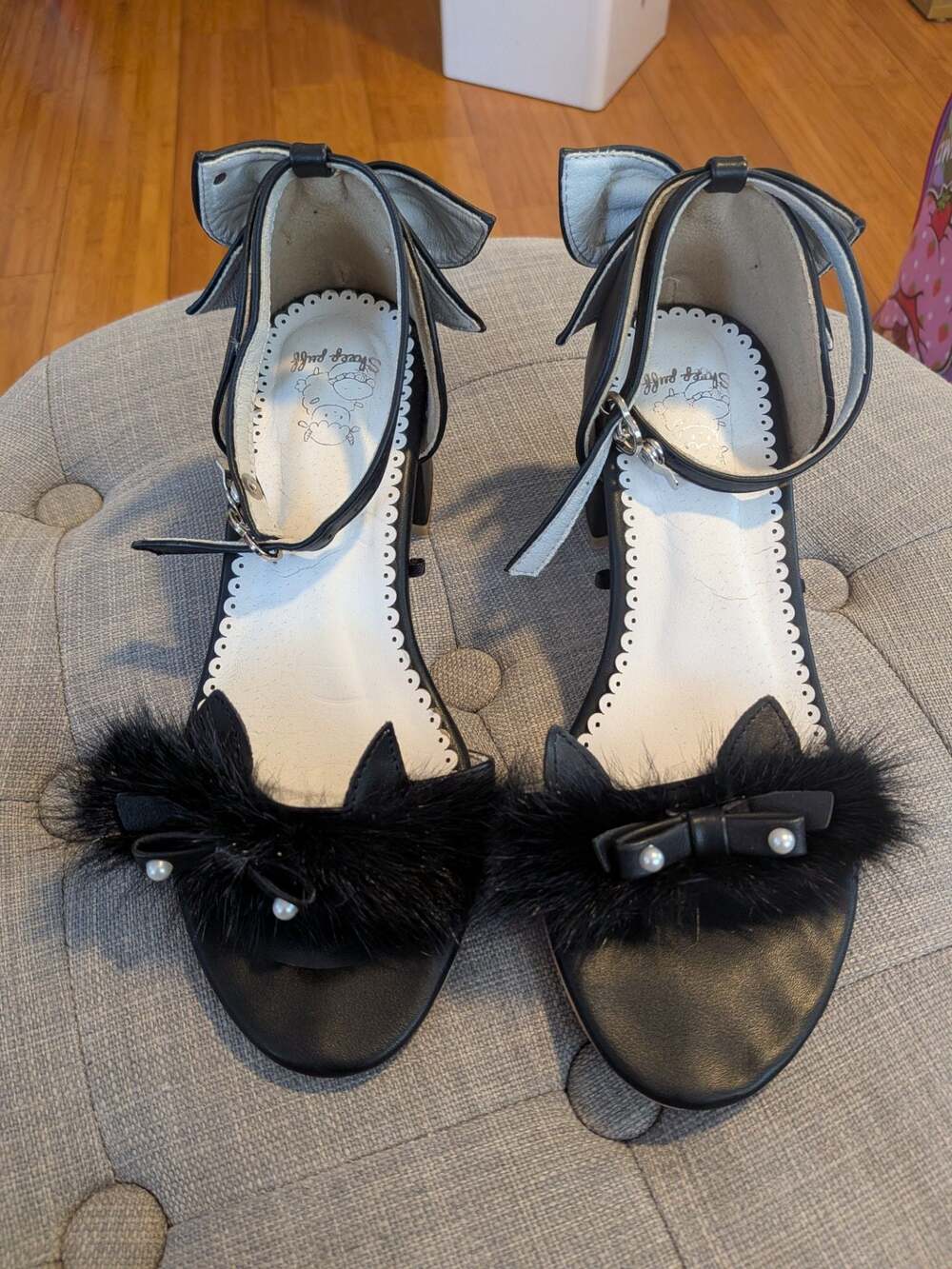 Sheep Puff Black Lolita High Heels Ankle Strap Sandals with Faux Fur Cat Ears an